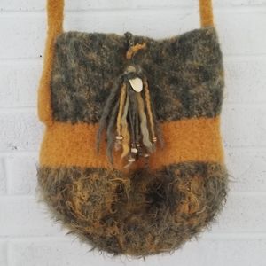 Felted Soft Orange Olive Green Beaded Tassel Purse
